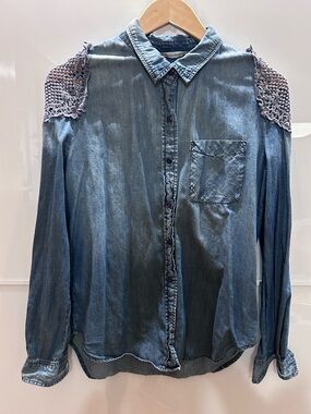 Hippie laundry Light Blue Denim Button Up Shirt with Crochet Shoulders